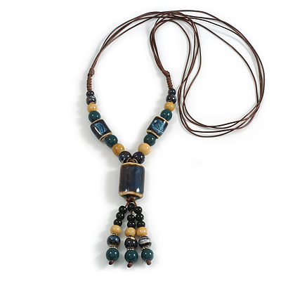 Blue/Black/Yellow/Teal Ceramic Bead Tassel Brown Cord Necklace/68cm L/Adjustable/Slight Variation In Colour/Natural Irregularities