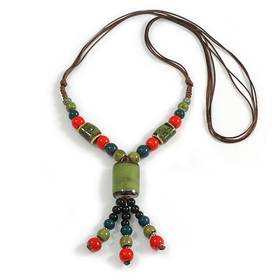 Green/Red/Black/Teal Ceramic Bead Tassel Brown Cord Necklace/68cm L/Adjustable/Slight Variation In Colour/Natural Irregularities - main view