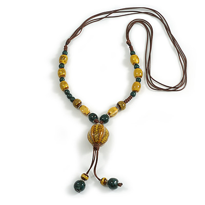 Dusty Yellow/Teal Ceramic Bead Tassel Necklace with Brown Cotton Cord/Adjustable/Slight Variation In Colour/Natural Irregularities/60cm Long