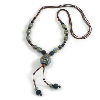 Dusty Blue/Teal Ceramic Bead Tassel Necklace with Brown Cotton Cord/Adjustable/Slight Variation In Colour/Natural Irregularities/60cm Long - main view