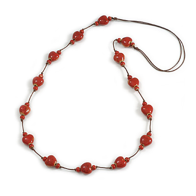 Dusty Red Ceramic Heart Bead Brown Silk Cord Long Necklace/90cm L/Adjustable/Slight Variation In Colour/Natural Irregularities - main view