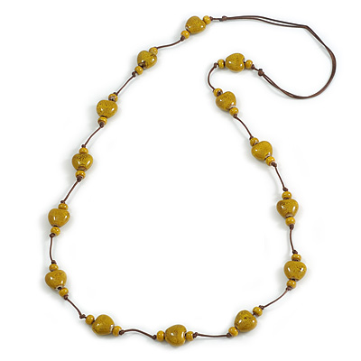 Dusty Yellow Ceramic Heart Bead Brown Silk Cord Long Necklace/90cm L/Adjustable/Slight Variation In Colour/Natural Irregularities - main view