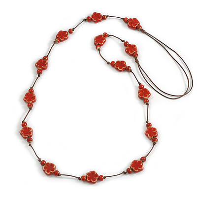 Red Ceramic Flower and Round Shape Bead Brown Silk Cord Necklace/90cm Min Length/Slight Variation In Colour/Natural Irregularities