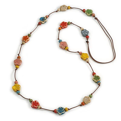 Multicoloured Ceramic Flower and Round Shape Bead Brown Silk Cord Necklace/90cm Min Length/Slight Variation In Colour/Natural Irregularities - main view