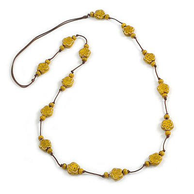 Dusty Yellow Ceramic Flower and Round Shape Bead Brown Silk Cord Necklace/90cm Min Length/Slight Variation In Colour/Natural Irregularities - main view