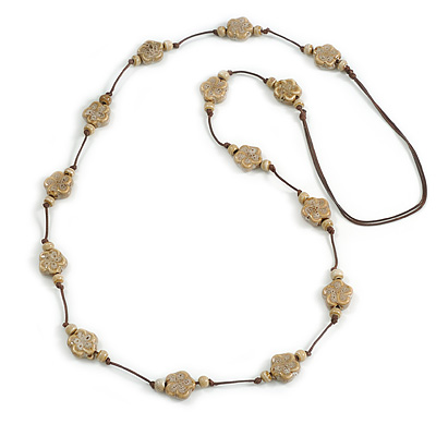 Antique White Ceramic Flower and Round Shape Bead Brown Silk Cord Necklace/90cm Min Length/Slight Variation In Colour/Natural Irregularities - main view