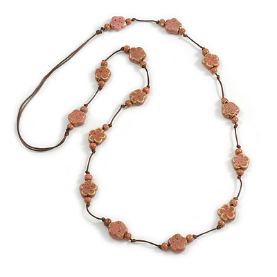 Dusty Pink Ceramic Flower and Round Shape Bead Brown Silk Cord Necklace/90cm Min Length/Slight Variation In Colour/Natural Irregularities - main view