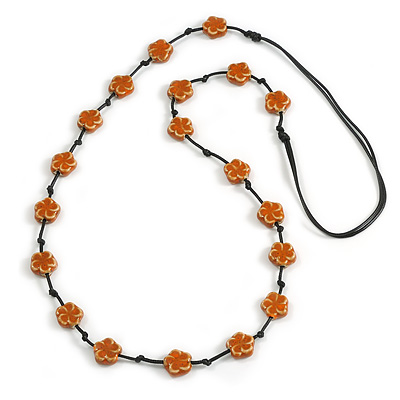 Dusty Orange Ceramic Flower Bead Black Silk Cord Long Necklace - 95cm Long - main view