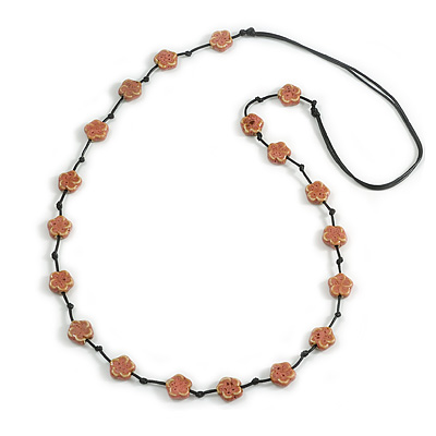 Dusty Pink Ceramic Flower Bead Black Silk Cord Long Necklace - 95cm Long - main view