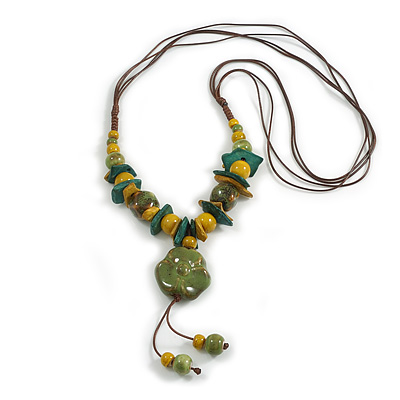 Ceramic/Acrylic Beaded with Flower Tassel Brown Silk Cord Necklace in Yellow/military Green/Teal/ 66cm L/Slight Variation In Colour/Natural Irregulari - main view