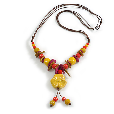 Ceramic/Acrylic Beaded with Flower Tassel Brown Silk Cord Necklace in Yellow/Red/Magenta/ 66cm L/Slight Variation In Colour/Natural Irregularities - main view