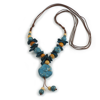 Ceramic/Acrylic Beaded with Flower Tassel Brown Silk Cord Necklace in Dusty Blue/Cream/Teal Blue/ 66cm L/Slight Variation In Colour/Natural Irregulari - main view