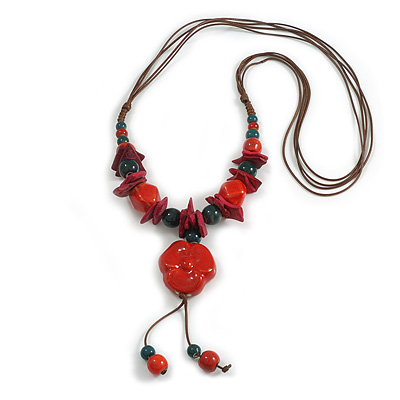 Ceramic/Acrylic Beaded with Flower Tassel Brown Silk Cord Necklace in Red/Teal/Magenta/ 66cm L/Slight Variation In Colour/Natural Irregularities - main view