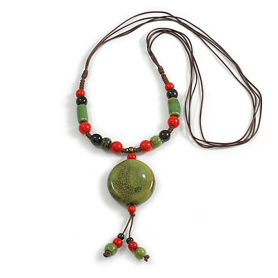Green/Red/Black Ceramic Bead Tassel Necklace with Brown Silk Cord/66cm L/13cm Tassel/Slight Variation In Colour/Natural Irregularities - main view