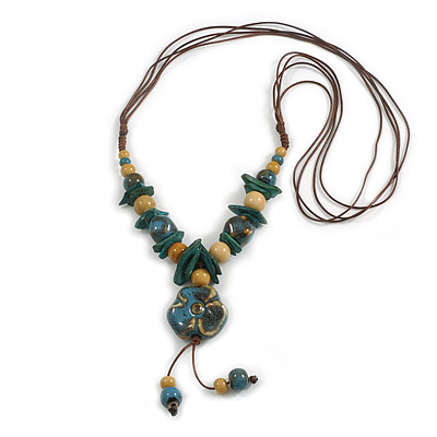 Ceramic/Acrylic Beaded with Flower Tassel Brown Silk Cord Necklace in Dusty Blue/Yellow/Teal Green/ 66cm L/Slight Variation In Colour/Natural Irregula - main view