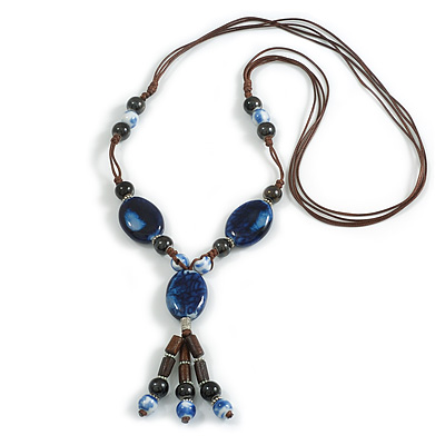 Blue/Black/White Ceramic and Wood Bead Tassel Brown Silk Cord Necklace/70cm to 80cm L/Slight Variation In Colour/Natural Irregularities - main view
