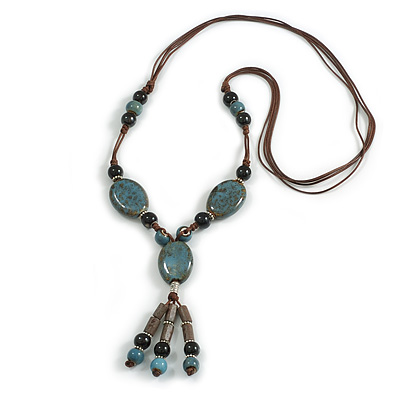Light Blue/Black Ceramic and Wood Bead Tassel Brown Silk Cord Necklace/70cm to 80cm L/Slight Variation In Colour/Natural Irregularities - main view