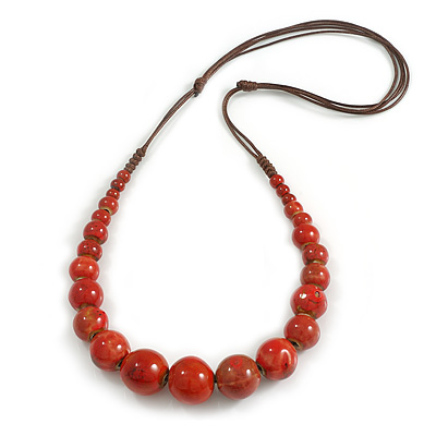 Brick Red Graduated Ceramic Bead Brown Silk Cords Necklace/58cm to 70cm L/Slight Variation In Colour/Natural Irregularities - main view