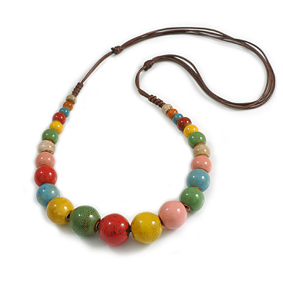 Multicoloured Graduated Ceramic Bead Brown Silk Cords Necklace/58cm to 70cm L/Slight Variation In Colour/Natural Irregularities - main view