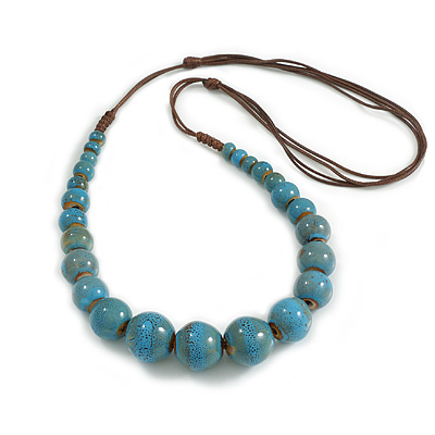 Dusty Blue Graduated Ceramic Bead Brown Silk Cords Necklace/58cm to 70cm L/Slight Variation In Colour/Natural Irregularities - main view