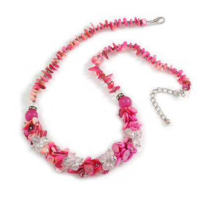 Deep Pink Shell/Transparent Glass Cluster Style Beaded Necklace/46cm L/ 6cm Ext - main view