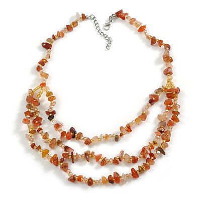 Brown/Orange Semiprecious Nugget/Golden Glass Bead Layered Necklace/50cm L/5cm Ext
