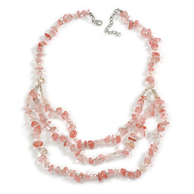 Pink Rose Quartz Semiprecious Nugget/Transparent Glass Bead Layered Necklace/50cm L/5cm Ext - main view