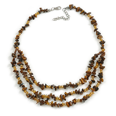 Dark Brown Semiprecious Nugget/Gold Caramel Glass Bead Layered Necklace/50cm L/5cm Ext - main view