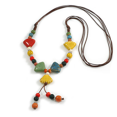 Multicoloured Ceramic Bead with Leaf Shape Tassel Brown Silk Cord Necklace/ 66cm L/Slight Variation In Colour/Natural Irregularities - main view