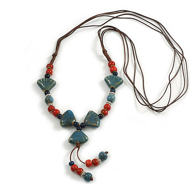Red/Blue Ceramic Bead with Leaf Shape Tassel Brown Silk Cord Necklace/ 66cm L/Slight Variation In Colour/Natural Irregularities - main view