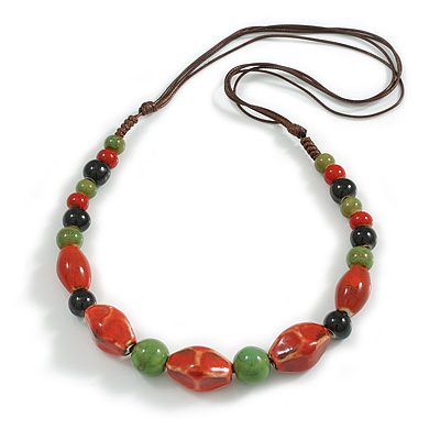 Green/Red/Black Graduated Ceramic Bead Brown Silk Cords Necklace/50cm to 60cm L/Slight Variation In Colour/Natural Irregularities - main view