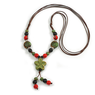 Military Green/Red/Black Round Ceramic Bead with Flower Tassel Brown Silk Cord Necklace/ 66cm L/Slight Variation In Colour/Natural Irregularities