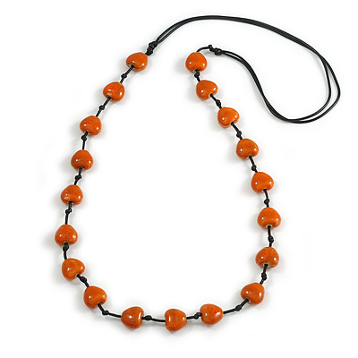 Orange Ceramic Heart Bead Black Cotton Cord Long Necklace/88cm L/Adjustable/Slight Variation In Colour/Natural Irregularities