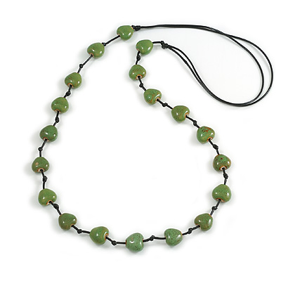 Apple Green Ceramic Heart Bead Black Cotton Cord Long Necklace/88cm L/Adjustable/Slight Variation In Colour/Natural Irregularities - main view