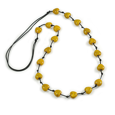 Dusty Yellow Ceramic Heart Bead Black Cotton Cord Long Necklace/88cm L/Adjustable/Slight Variation In Colour/Natural Irregularities - main view