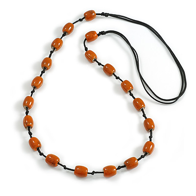 Dusty Orange Oval Ceramic Bead Black Cotton Cord Long Necklace/88cm L/ Adjustable/Slight Variation In Colour/Natural Irregularities - main view