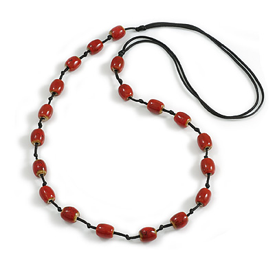 Dusty Red Oval Ceramic Bead Black Cotton Cord Long Necklace/88cm L/ Adjustable/Slight Variation In Colour/Natural Irregularities - main view