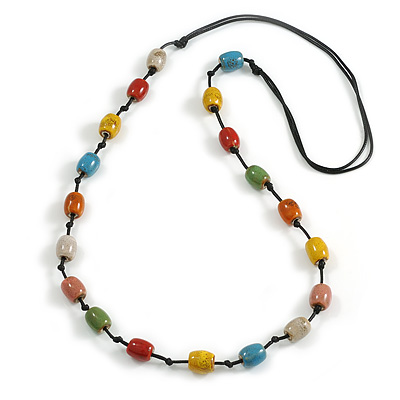 Multicoloured Oval Ceramic Bead Black Cotton Cord Long Necklace/88cm L/ Adjustable/Slight Variation In Colour/Natural Irregularities - main view