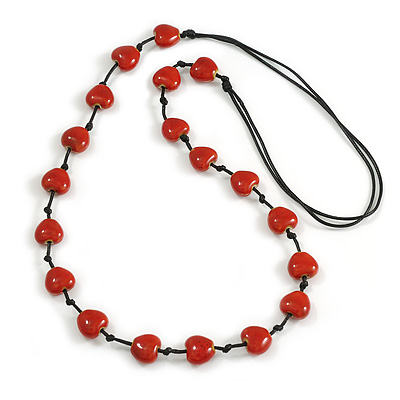 Dusty Red Ceramic Heart Bead Black Cotton Cord Long Necklace/88cm L/Adjustable/Slight Variation In Colour/Natural Irregularities - main view