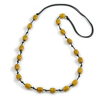 Dusty Yellow Oval Ceramic Bead Black Cotton Cord Long Necklace/88cm L/ Adjustable/Slight Variation In Colour/Natural Irregularities - main view