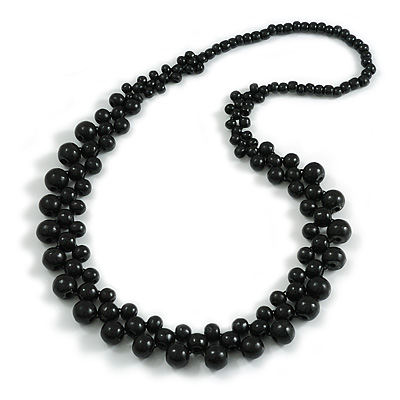 Long Black Cluster Wood Beaded Necklace - 82cm Long - main view