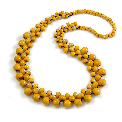 Long Dusty Yellow Cluster Wood Beaded Necklace - 82cm Long - main view