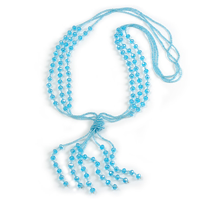 3 Strand Light Blue Crystal Bead Long Necklace with Tassel/90cm L/14cm Tassel