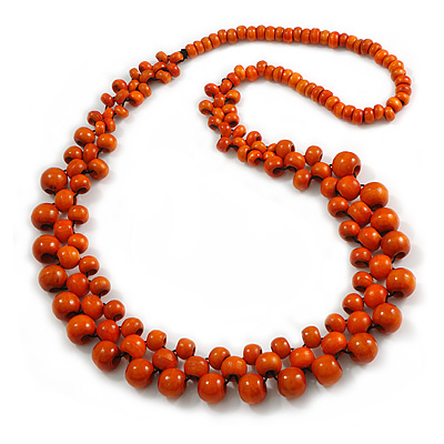Long Orange Cluster Wood Beaded Necklace - 82cm Long - main view