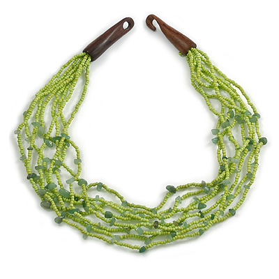 Multistrand Lime Green Glass Bead/ Semiprecious Stone Necklace With Wood Hook Closure - 58cm L - main view