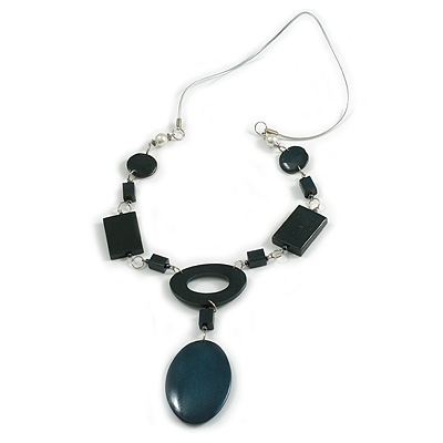 Statement  Dark Teal Blue Wood Bead Geomentric Silver Cord Necklace - 66cm L/ 14cm Front Drop