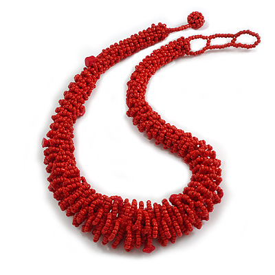 Statement Brick Red Glass Bead and Semiprecious Chunky Necklace - 50cm Long/ 3cm Ext