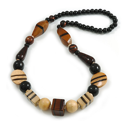 Chunky Geometric Wood Bead Necklace in Brown/Black/Natural - 70cm L - main view