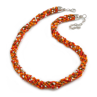 Multistrand Orange/Red/White/Bronze Glass Bead Necklace - 48cm L/ 7cm Ext
