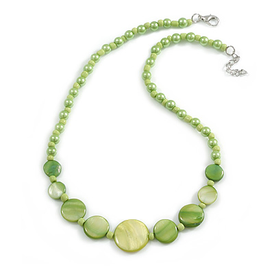 Lime Green Shell and Faux Pearl Bead Necklace/Slight Variation In Colour/Natural Irregularities/42cm L/ 3cm Ext